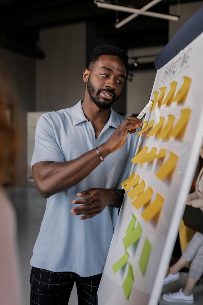 Services-02 Confident African American man presenting business strategy using sticky notes on whiteboard.